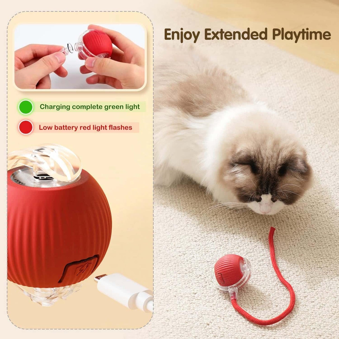 Pet Ball Automatic Toy (Buy 1 Get 1 Free) – Dancing Cat/Dog Toy | Motion Activated, Obstacle Avoidance, Smart Silicone Rolling Ball with Tail for Indoor Pets (Red)