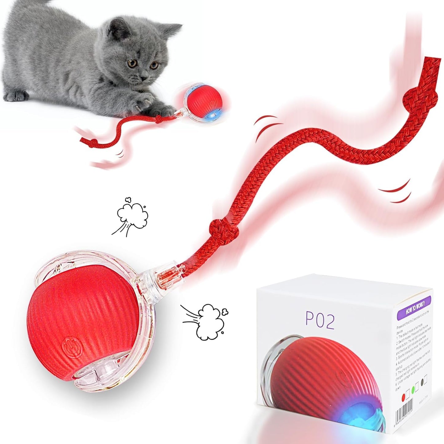 Pet Ball Automatic Toy (Buy 1 Get 1 Free) – Dancing Cat/Dog Toy | Motion Activated, Obstacle Avoidance, Smart Silicone Rolling Ball with Tail for Indoor Pets (Red)